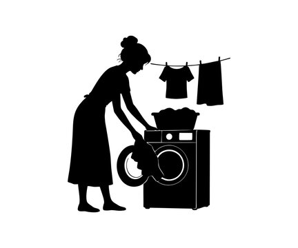 Woman loading washing machine silhouette illustration isolated on white background..

