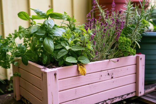 Fresh herb garden in a pink wooden planter box with basil and lavender for home gardening and culinary inspiration