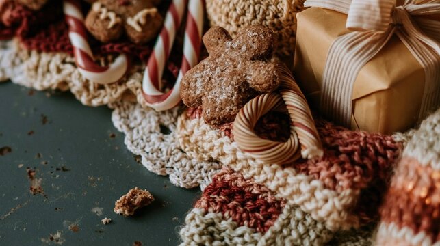Gingerbread man cookies and festive candy canes on a dark teal surface with copy space for a Christmas or New Year greeting card