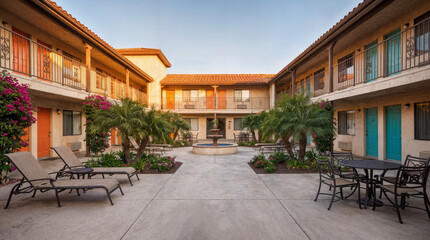 Fototapeta premium Classic American Motel Courtyard at Golden Hour with Palm Trees and Inviting Architecture