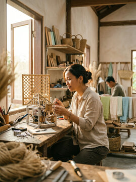 Woman soldering wooden birdhouse frame in rustic craft workshop