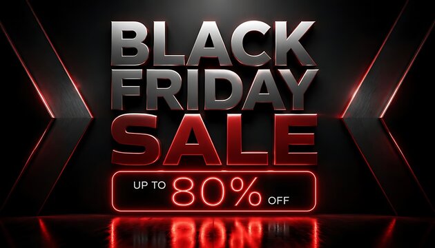 Black friday sale sign with glowing red eighty percent off neon lettering.