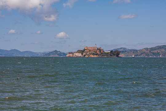 Beautiful scenic view of Alcatraz Island in San Francisco Bay underwater clear blue sky