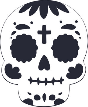 Minimal black Day of the Dead sugar skull silhouette in flat vector style with decorative facial details isolated