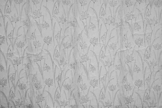 Black and white photo of old wallpaper with floral pattern.