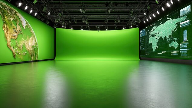 An empty virtual television studio with a green screen. World maps and data information are projected on screens in the broadcast room. News background