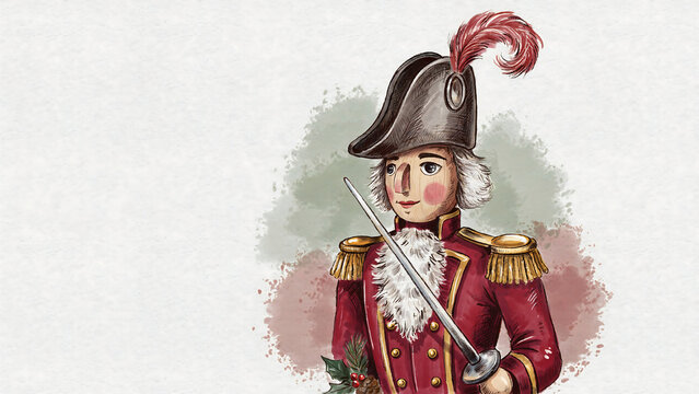 A vintage watercolor of a nutcracker soldier isolated on a transparent background