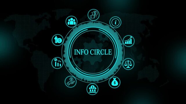 Cyan info circle text surrounded by financial and gear shapes on a dark background with a faint map silhouette behind the