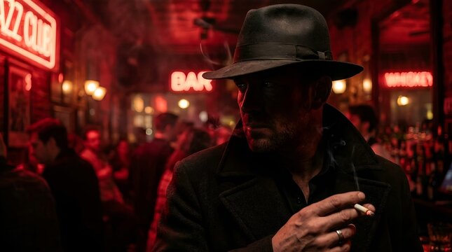 Mysterious man in a fedora hat smoking a cigarette on a dark city street at night.