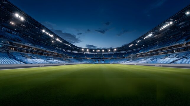 Empty Modern Football Stadium with Bright Floodlights at Blue Dusk