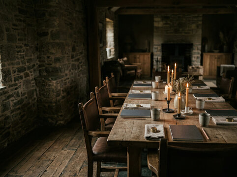 Long candlelit table set for dinner in a stone hall
