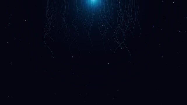 Abstract dark background with floating particles and animated flowing lines, serene cosmic dust motes dancing in space, subtle blue light illuminating organic tendrils in deep, mystical ambiance.