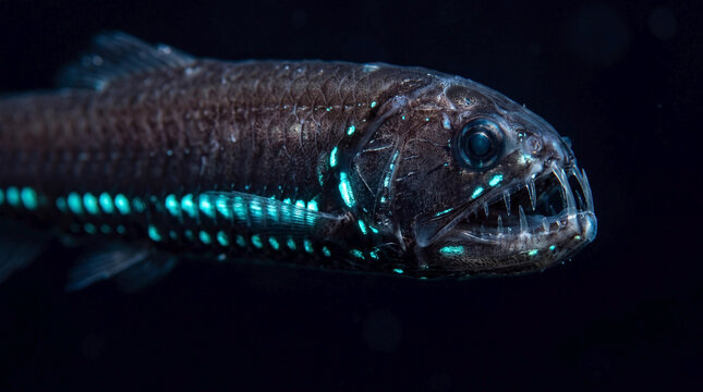 Bioluminescent Deep Sea Viperfish Predator with Sharp Teeth in Dark Ocean Water