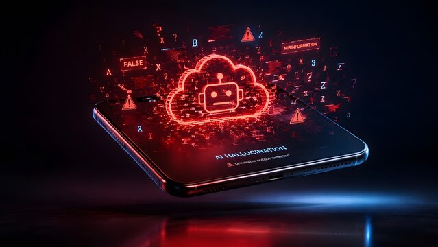 Artificial intelligence risks: AI hallucination and misinformation causing unreliable output detected on a modern smartphone screen.