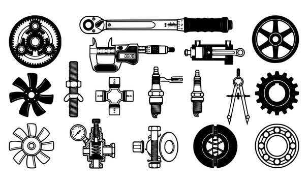 Engineering blueprint technical tool icons and mechanical hardware vector graphics
