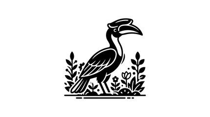 Obraz premium Linocut style tropical bird illustration among plants.