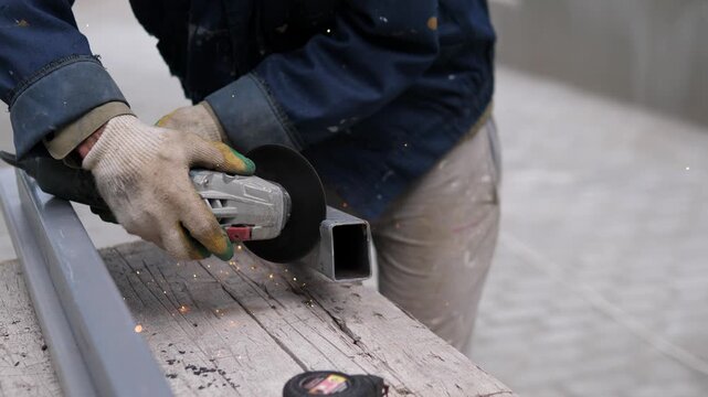 Close-up view shows worker pressing handheld angle grinder onto square steel tube, with bright sparks, gloved hands, dusty workwear, weathered wood support, and soft blurred workshop background for