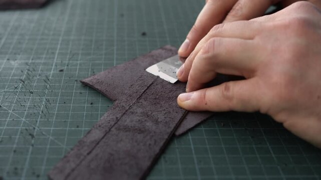 Leather craftsman carefully skiving dark leather with a sharp blade on a cutting mat in a workshop
