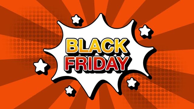 Black friday text word lettering popup comic cartoon reveal with bomb and smoke explosion manga anime book page dots with radial speed lines doodle orange background with seamless loop animation retro