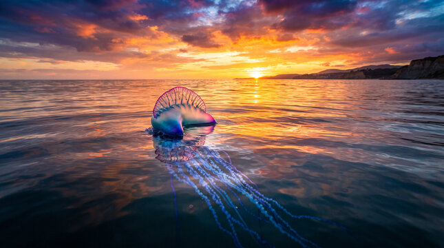 Carabela portuguesa iluminada por un espectacular atardecer sobre un mar tranquilo.