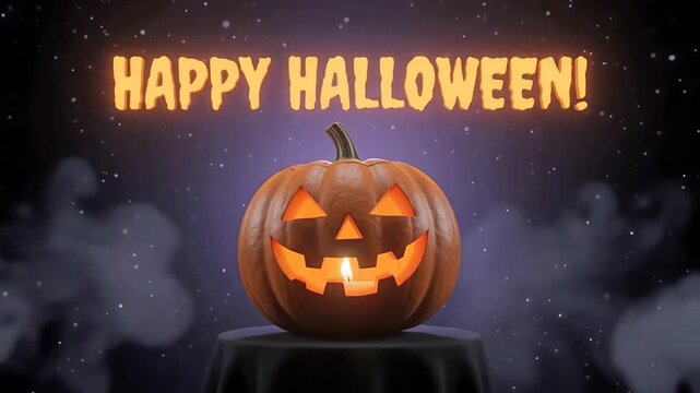 Happy Halloween Greeting Animation with Glowing Jack O Lantern Pumpkin on Dark Purple Background