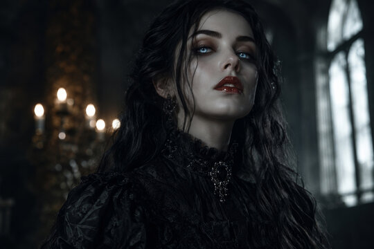 Vampire woman with pale skin and glowing blue eyes in dark vintage clothing. Gothic lady in mysterious castle atmosphere. Fantasy character portrait for Halloween horror concept.