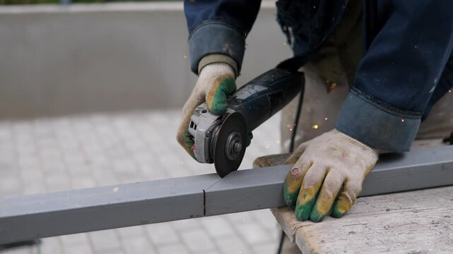 Close-up shows gloved worker pressing handheld grinder onto steel beam with bright sparks, dark workwear, worn wooden support, soft natural light, and blurred background in practical workshop