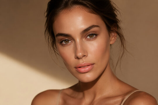 Woman with natural beauty and clean glowing skin. Portrait of young lady with soft makeup. Skincare, wellness, youth, health, beauty and spa industry concept, advertising cosmetic product.