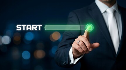 Obraz premium Businessman touching a virtual start button on a digital interface to launch a new business project