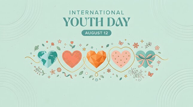 Floral Ornament With Hearts And Globe Vector Illustration On Mint Background