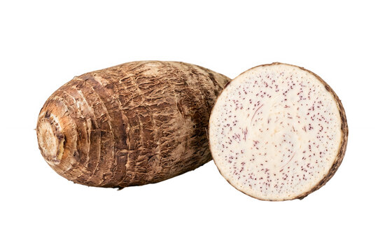 Fresh taro root vegetable with a sliced piece showing the inside texture isolated on a plain background