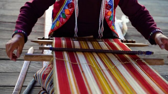Close-up of a Peruvian man's hands knitting traditional Peruvian textile in slow motion, highlighting Andean craftsmanship, handmade weaving, cultural heritage, and artisan skills