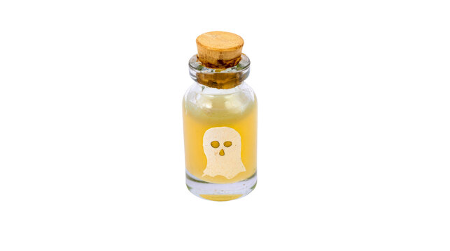 Small glass bottle with cork stopper and ghost label isolated on transparent background for png file usage