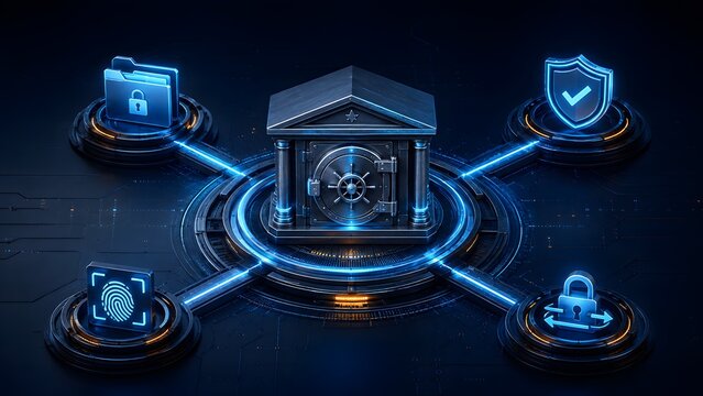 Robust digital security network with a central bank vault safeguarding valuable data through advanced protection protocols and biometric authentication.
