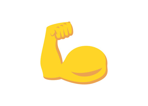 Flexed bicep emoji icon with strong muscle arm in flat cartoon style. Powerful yellow arm symbol represents fitness, strength, achievement, motivation, and determination for messaging, branding