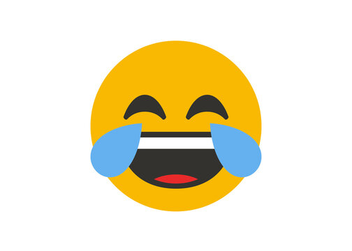 Laughing face with tears emoji icon in flat cartoon style. Funny yellow emoticon expresses joy, humor, and amusement for messaging, social media, applications, branding, and digital communication. 