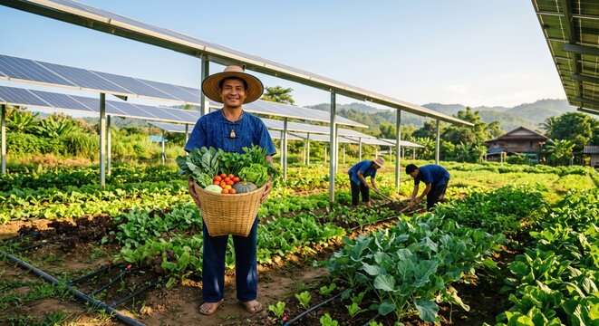 A farmer carrying fresh vegetables from an organic farm, showcasing sustainable agriculture under solar panels.