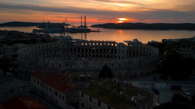 View of Pula Arena at sunset in Pula, Croatia.