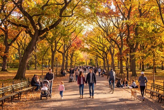 Central Park autumn foliage with people walking on sunny fall day