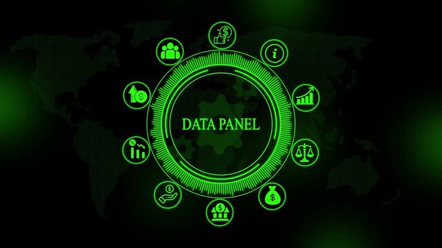 Glowing green data panel interface with circular and map background digital network concept for business and financial data analysis