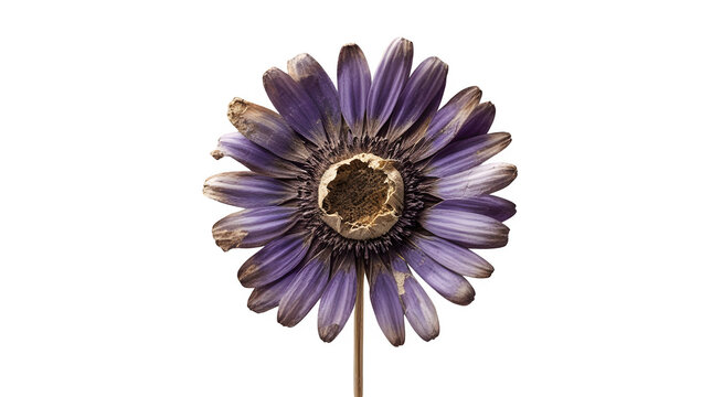 Single dried purple daisy-like flower with brown center isolated on transparent background