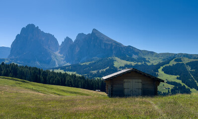 Obraz premium Alpe di Siusi at sunny morning sunrise, Dolomites mountains, Italy