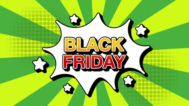 Black friday text word lettering popup comic cartoon reveal with bomb and smoke explosion manga anime book page dots with radial speed lines doodle green background with seamless loop animation retro