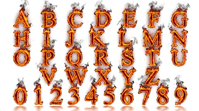 Burning gold foil balloon alphabet letters and numbers from 0 to 9 on white background for festive typography and celebration designs