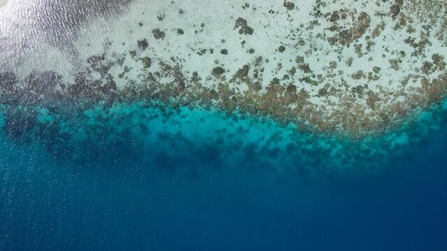 Aerial view of the vibrant coral reef at Friwen, showing the transition from shallow turquoise waters to the deep blue sea in Waigeo Selatan, Southwest Papua, Indonesia.