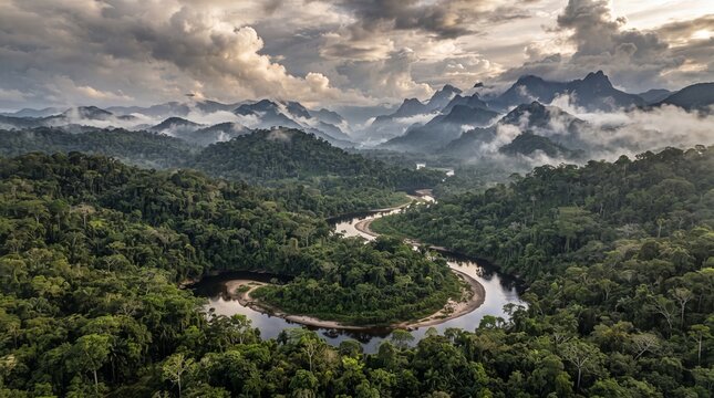 Winding river flows through lush tropical rainforest under dramatic stormy mountains at sunset golden hour with aerial perspective serpentine