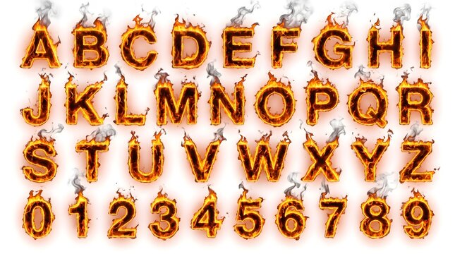 Burning gold foil balloon alphabet letters and numbers from 0 to 9 on white background for festive typography and celebration designs