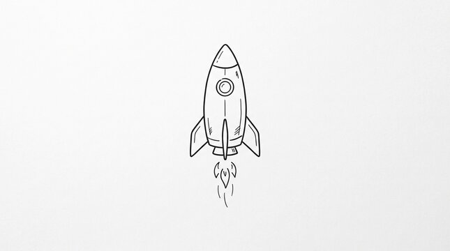 Minimalist hand-drawn rocket sketch for projects/369998232293 design. Line art spaceship takeoff illustration