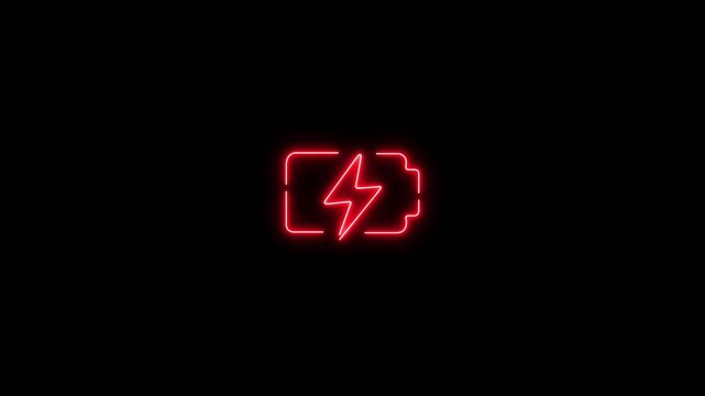Neon red battery charging animation on black background, low battery power concept energy