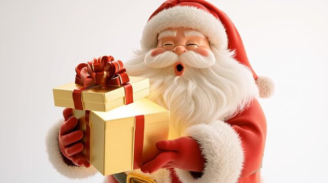 Cute 3D Santa Claus holding a glowing Christmas gift box in premium red and gold colors. Ultra detailed fur, cinematic lighting and soft shadows create a festive isolated render on a clean white backg